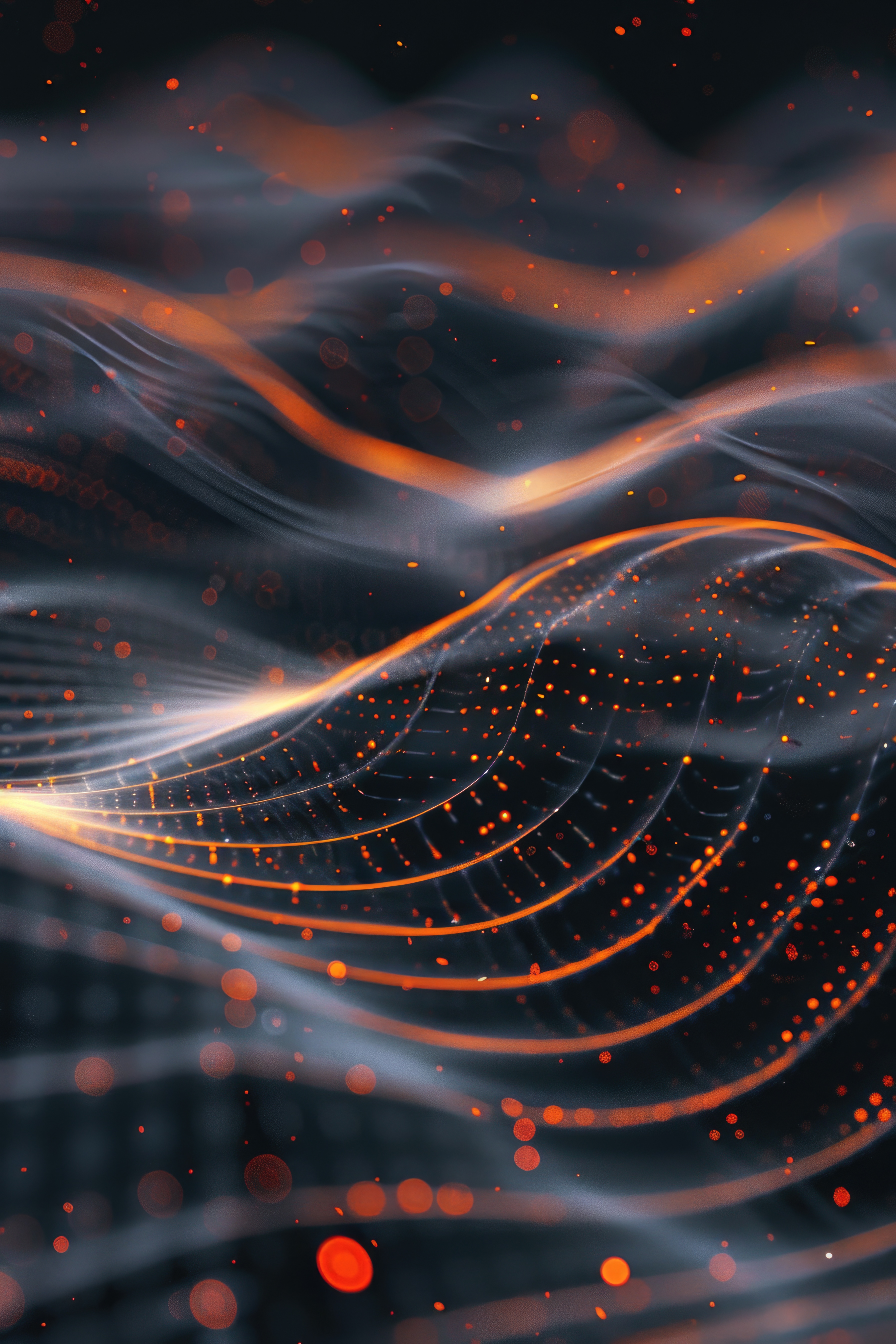 Close-up shot of orange lights on a dark, black background